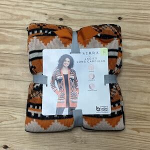 SERRA Super Soft Tan Orange Black Tan Tribal Long Open Cardigan Pockets Cotton M